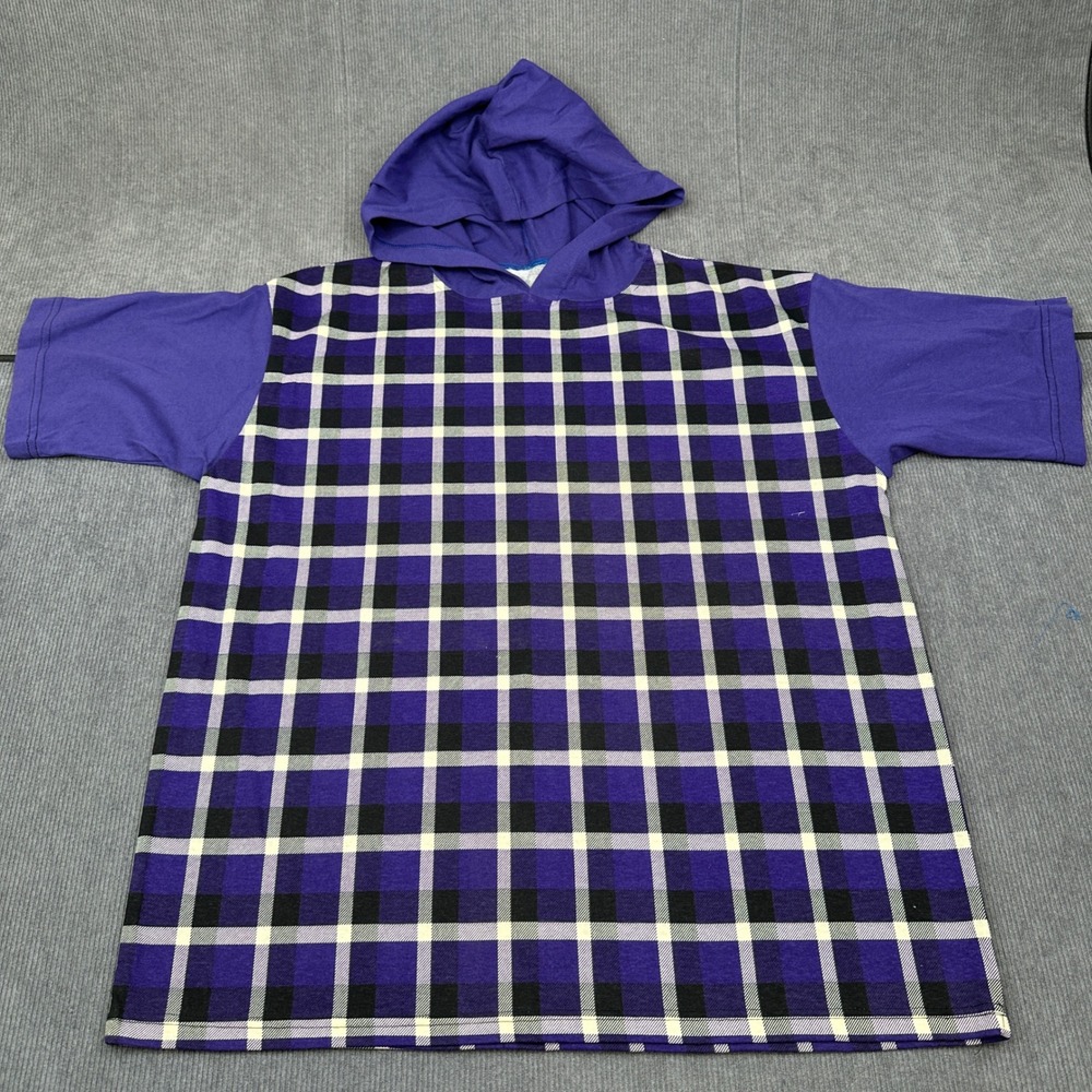 Vintage Hooded 90s Surf Shirt Purple Plaid Short Sleeve Pullover Checkered Y2K